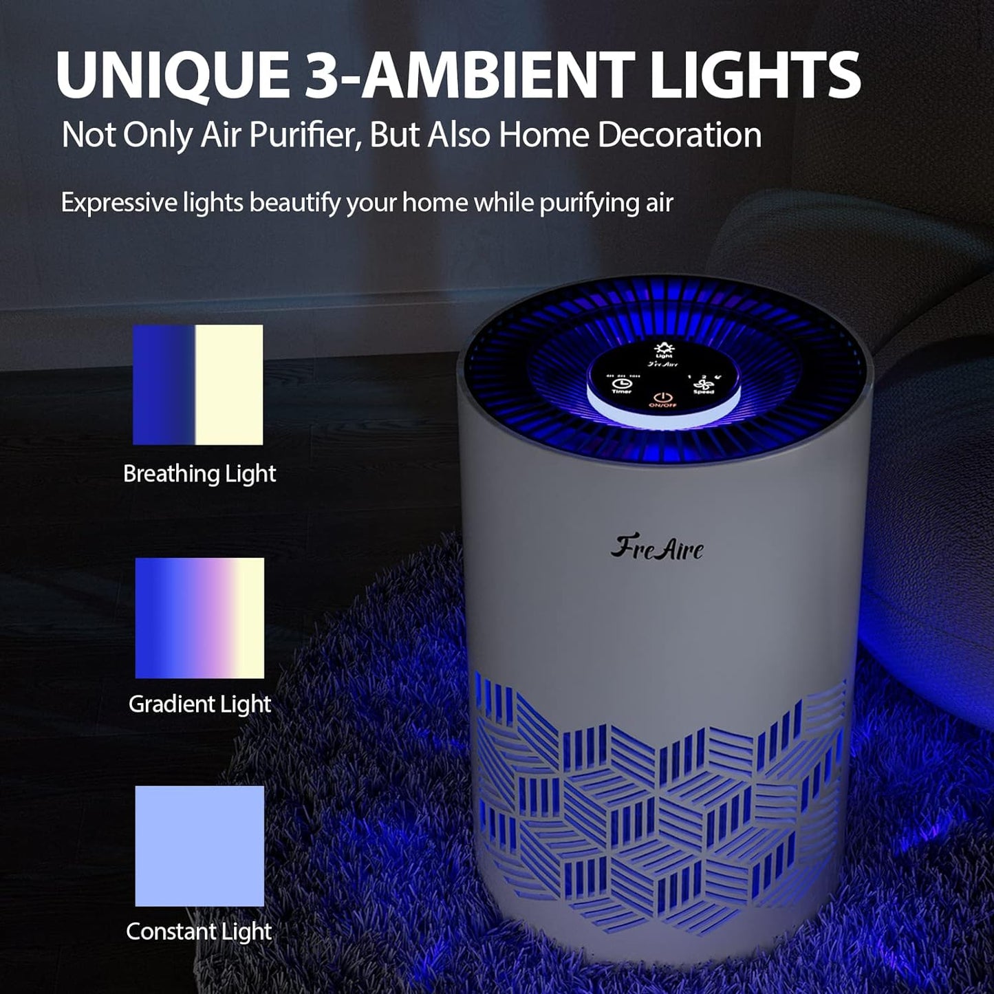 FreAire Air Purifiers for Home, H13 HEPA Air Purifier with RGB Light Air Cleaner For Bedroom Air Cleaner with Speed Control For Dust Smoke Pollen Dander Smell (White)