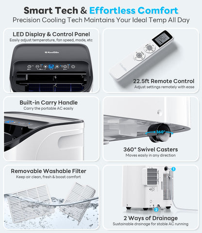 14,000 BTU Portable Air Conditioner Cools Up to 700 Sq.Ft, Works with KoolLink App, Auto-Evaporation, Low Noise, Remote Control